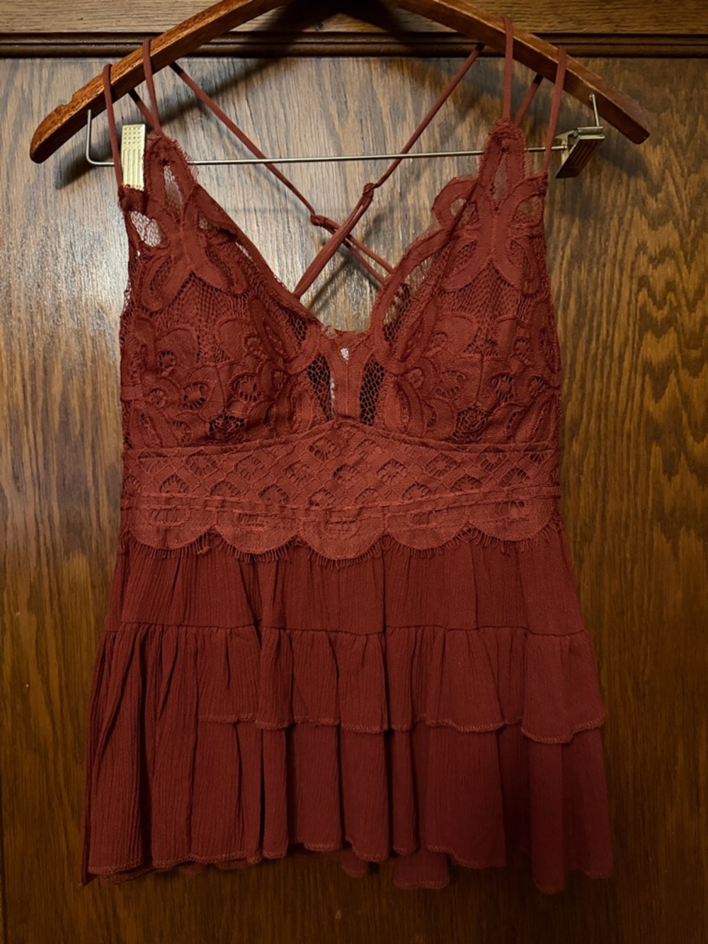Zenana Outfitters Rust Red Lace Tiered Cami